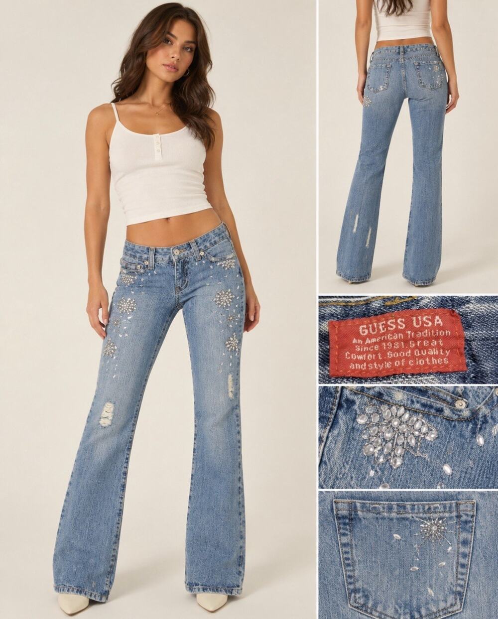 Y2K Indie Sleaze Guess USA Low Rise Flare Jeans Size 29 Light Wash Rhinestone